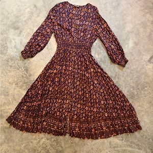 Long-Sleeve Maxi Dress in Navy with Orange Pattern